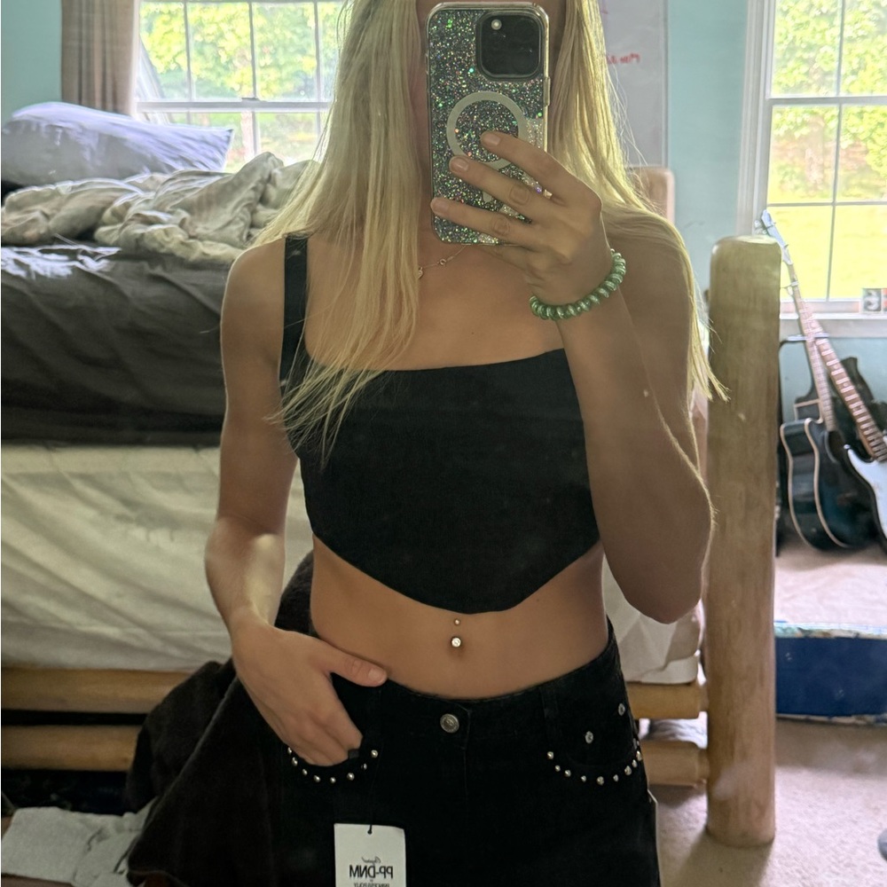 Princess Polly Black Denim Shorts with Studs - Picture 2 of 4